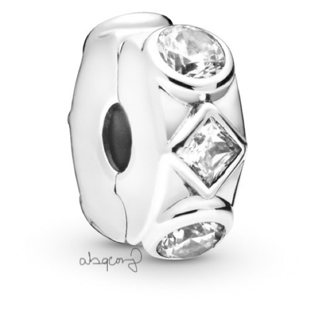 EUC Pandora 798463C01 Sterling Silver Geometric Shapes Clip w/ Clear CZs